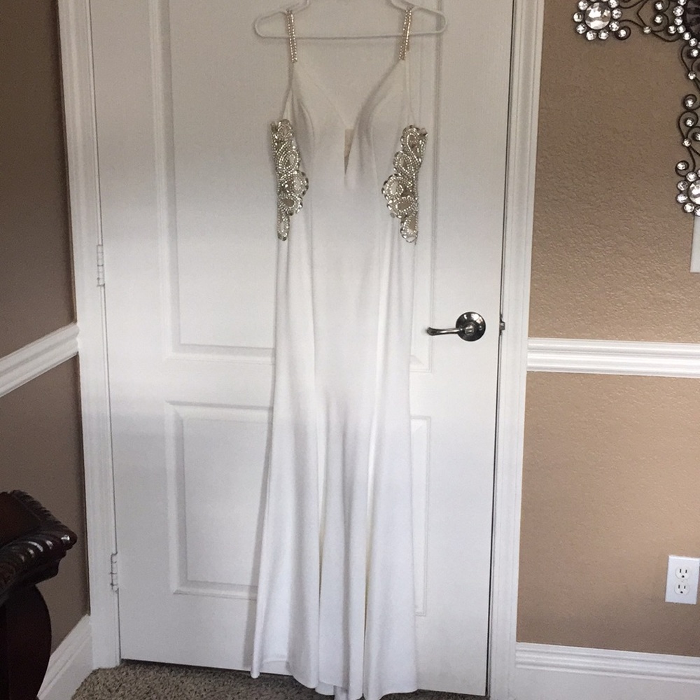 White Full Length Beaded Evening Dress